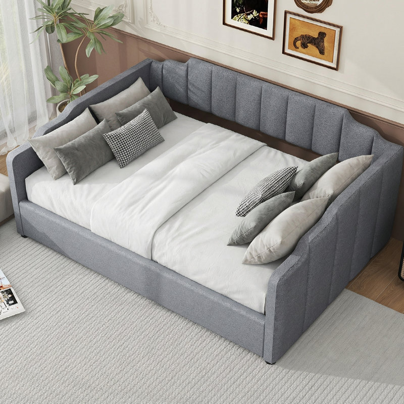 Linen Upholstered Daybed With Spacious Underbed Storage, Full Size - Durable Solid Wood Frame, Gray