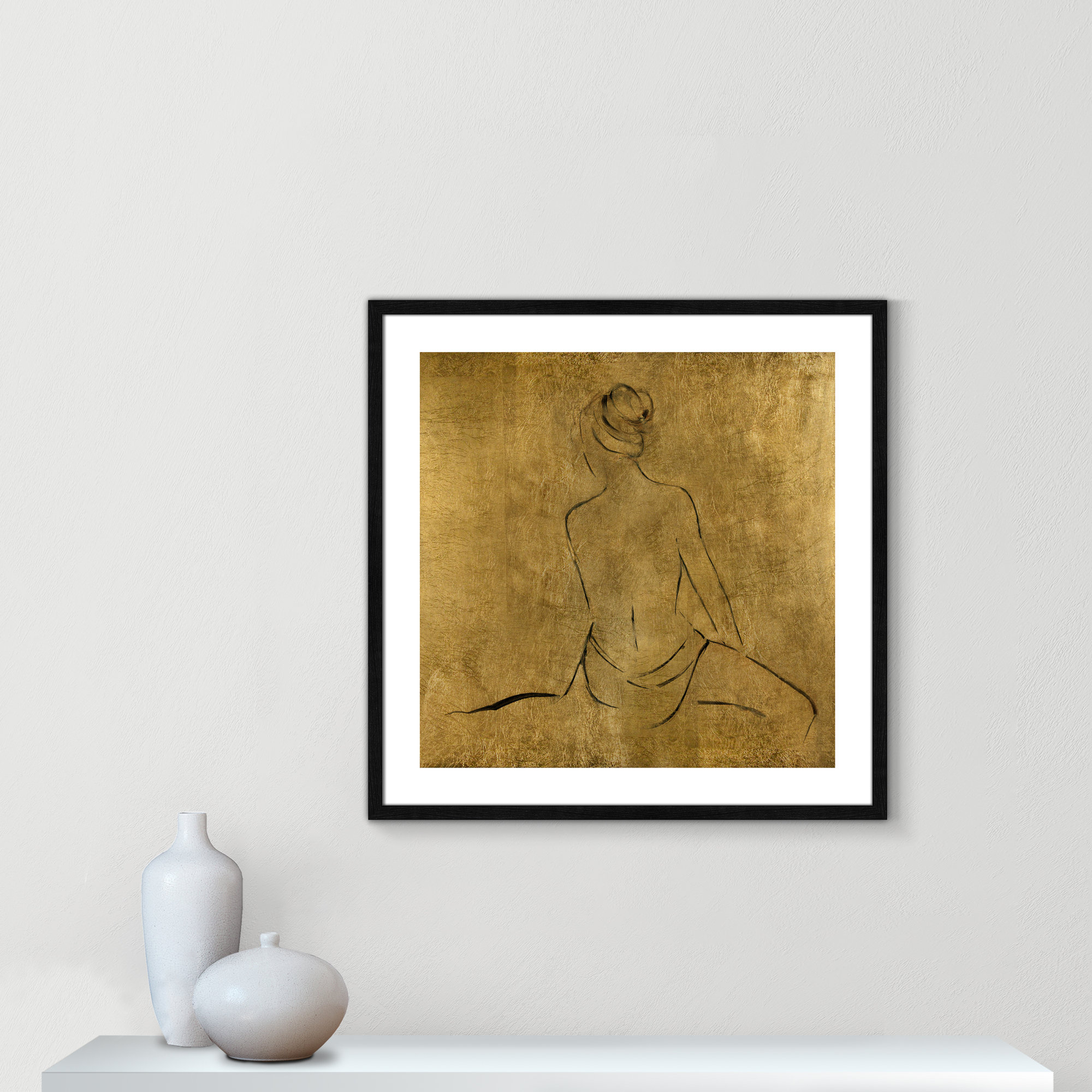 Golden Bather II by Sally Swatland - Painting Print, Black Wood Framed Paper, 28.75" H x 28.75" W x 0.75" D