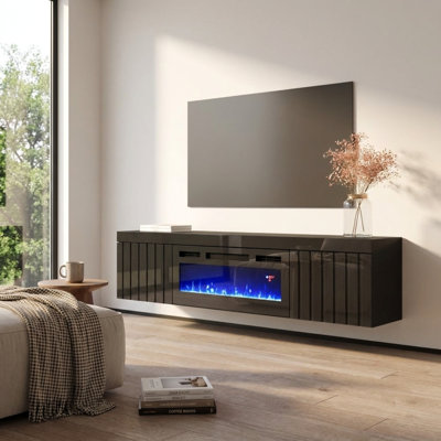 Meuble télé flottant avec foyer électrique 70,9 po, finition brillante, fixation murale