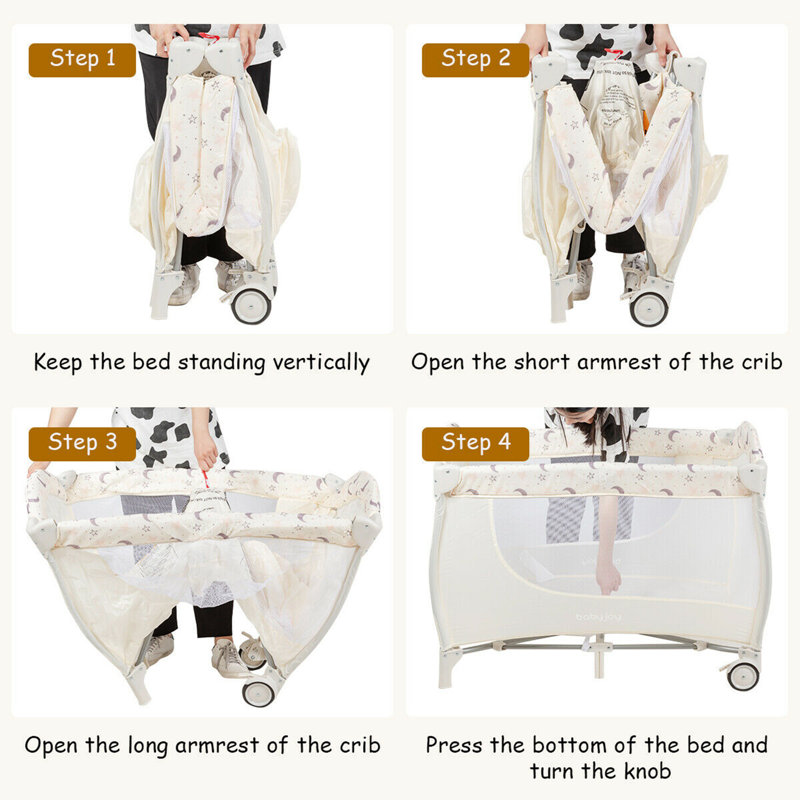 Mini lit de bébé rembourré portatif avec matelas, Beige