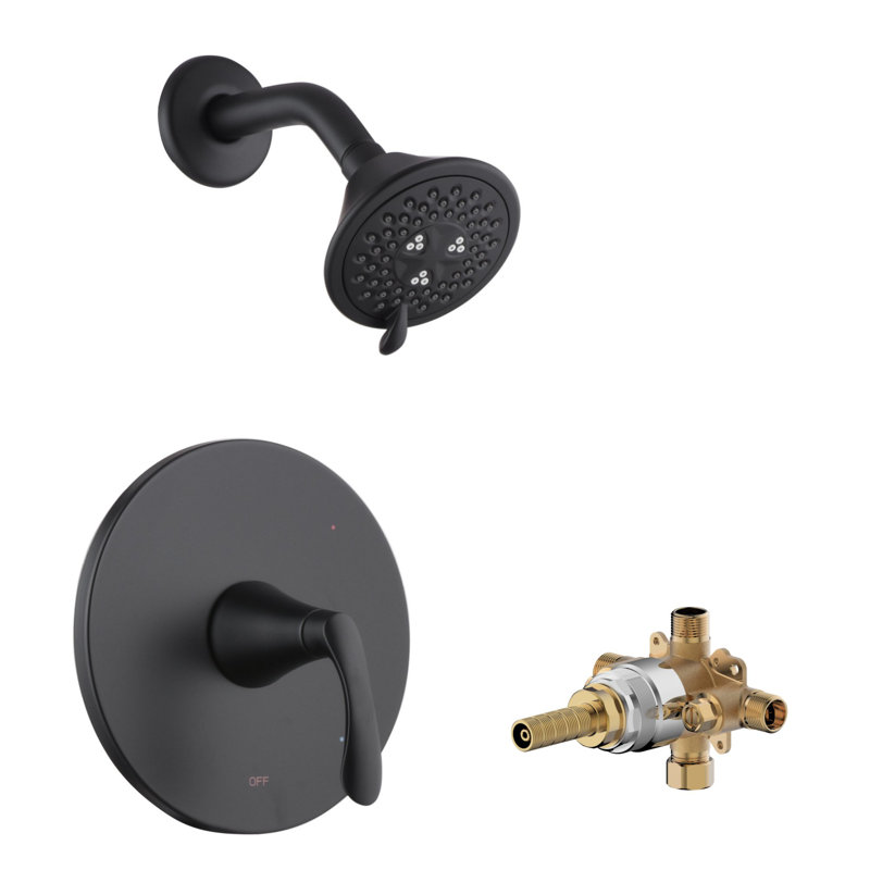 Garniture de douche de la collection Stilleto seulement: pomme de douche ronde à 3 fonctions de 4 po, ensemble à poignée simple et valve brute incluse - noir mat