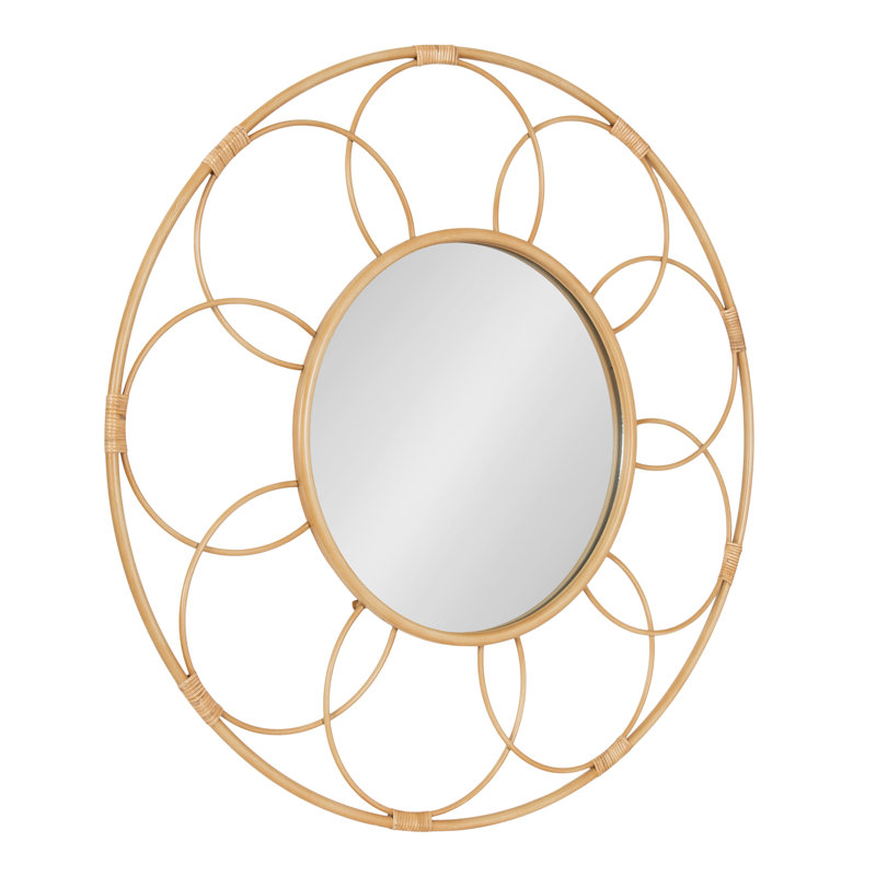 Round Metal Wall Mirror with Woven Detailing, Brown