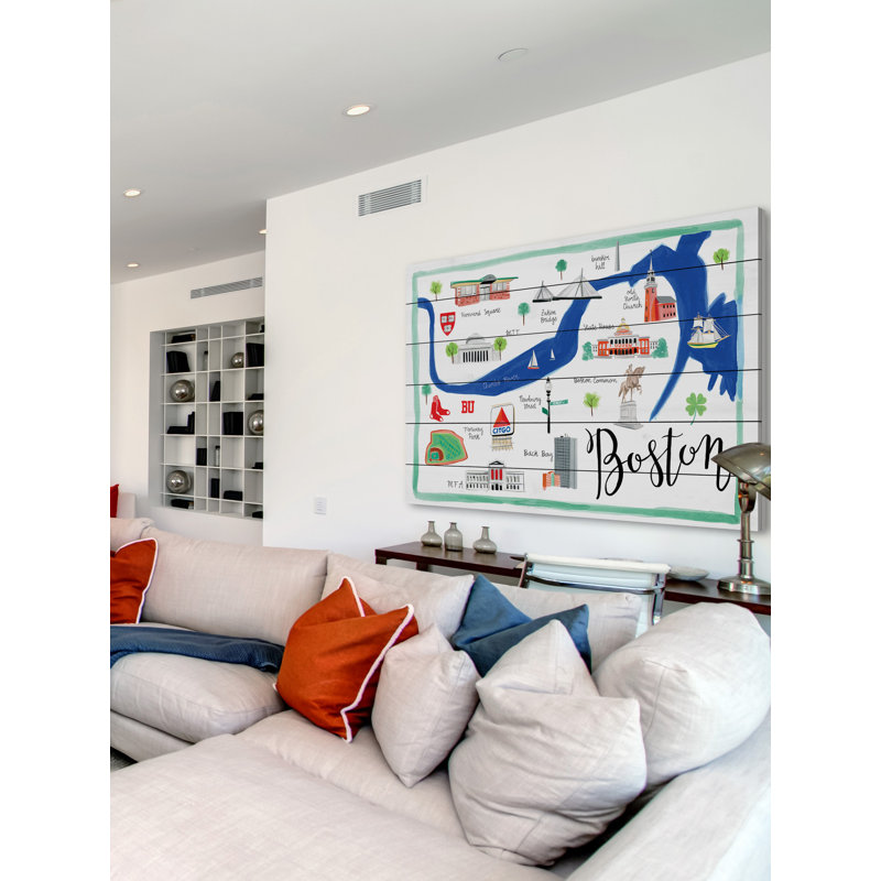 « boston map » par molly rosner, reproduction d’art sur bois blanc, H 16 po x l 24 po x P 1,5 po