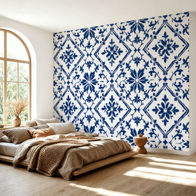 Wall Mural Peel and Stick Wallpaper Delft dutch tiles blue white ornaments Portuguese azulejo Self-Adhesive Removable Contact Paper Wall Decor for Living Room Bedroom 69"H x 96"W