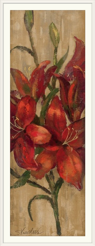 «Vivid Red Lily on Gold» par Aniessa, reproduction d'art, H 56 po x l 24 po x P 1 po, Cadre blanc