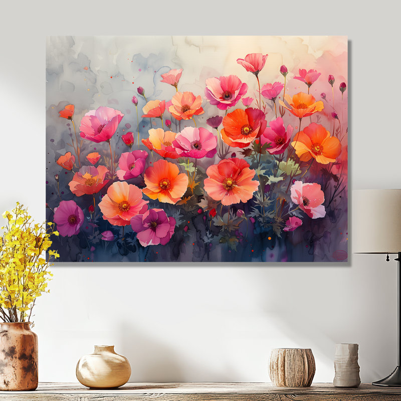 Rose et orange, champ de fleurs et bouton d'or, H 16 po x l 32 po x P 1 po, Métal métal