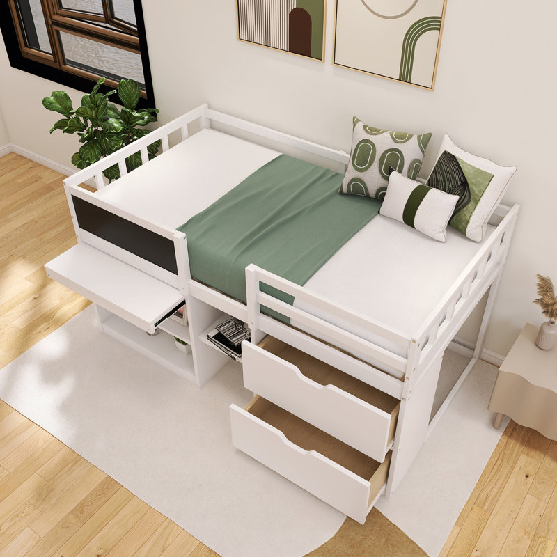 Lit mezzanine simple à structure en bois avec bureau roulant, tablette et tiroirs, Blanc