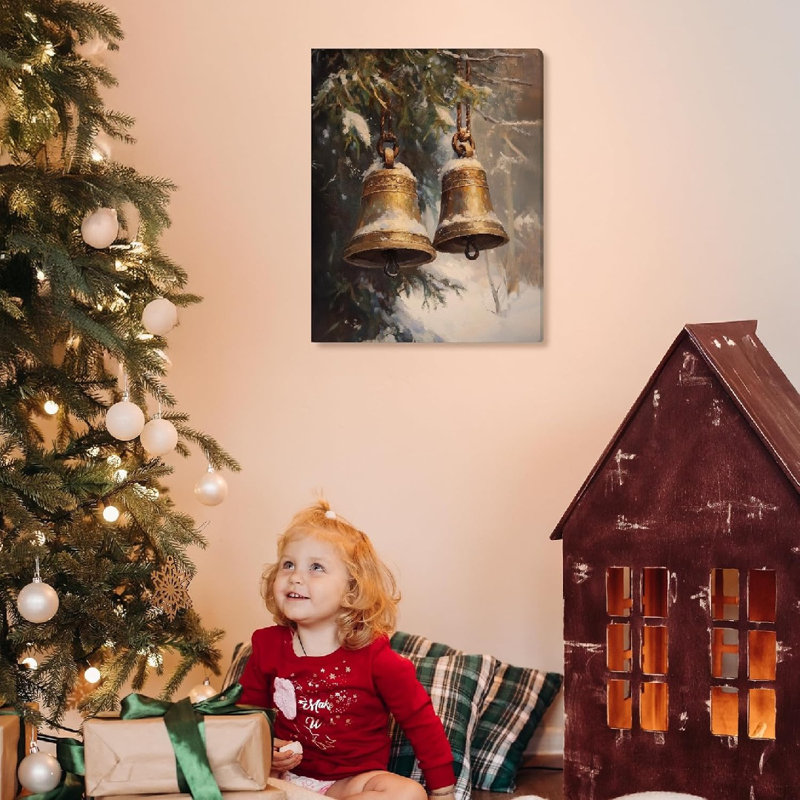 Cloche de Noël, scène d'hiver, art mural sans cadre, 16 x 20