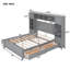 Lit double en bois avec rangement et armoire de tête de lit tout-en-un, tablettes et tiroirs, gris