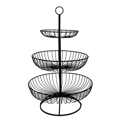 Round-Top Black 3-Tier Metal Fruit Basket, Wrought Iron Tiered Fruit Bowl Stand