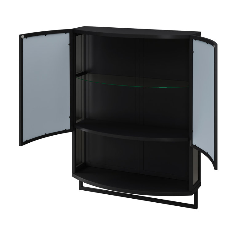 Garde-robe en verre arqué noir à double porte 23,63 po, miroir incassable, rangement en couches, tablette ouverte, salle de bain, peu encombrant, pratique, esthétique
