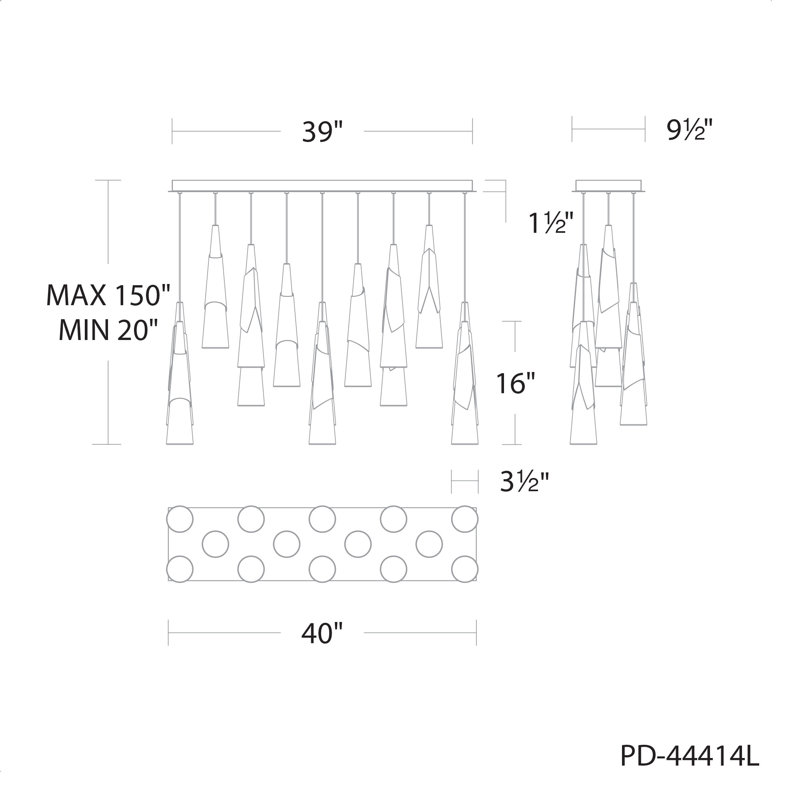 Luminaire suspendu à DEL Kilt, Laiton vieilli, H 16 po x l 40 po x P 9,5 po, 14