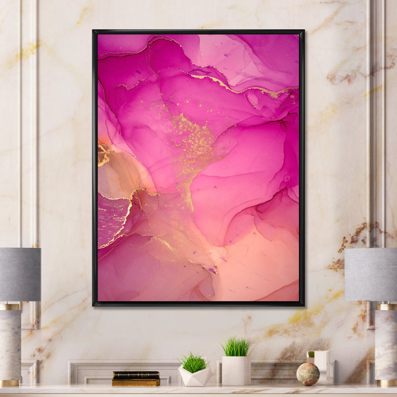 «Pink and Gold Ink Clouds», peinture sur toile, Cadre flottant noir, H 40 po x l 30 po x P 1,5 po