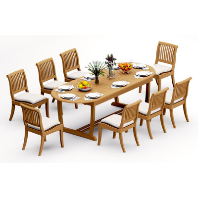6 Seats 7 Pcs Grade-A Teak Wood Dining Set: 94" Mas Oval Trestle Leg Table And 6 Arbor Stacking Armless Chairs #11AB2300