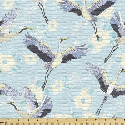 Cheron Repetitive Free Flying Crane Innocent Hand Drawn Flowers Multi-Purpose Fabric