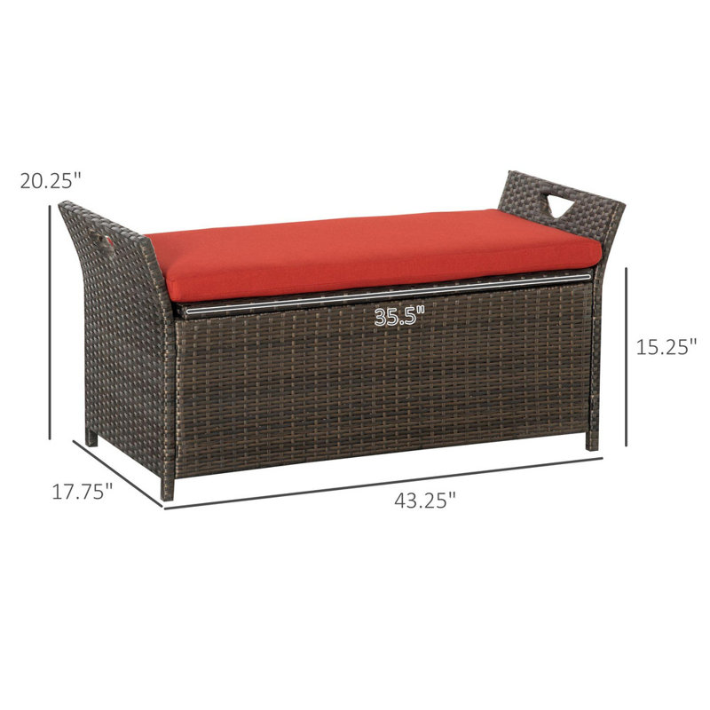 Patio wicker storage stool, outdoor PE cane patio furniture, 2 in 1 large volume rectangular garden storage box with handles and cushions