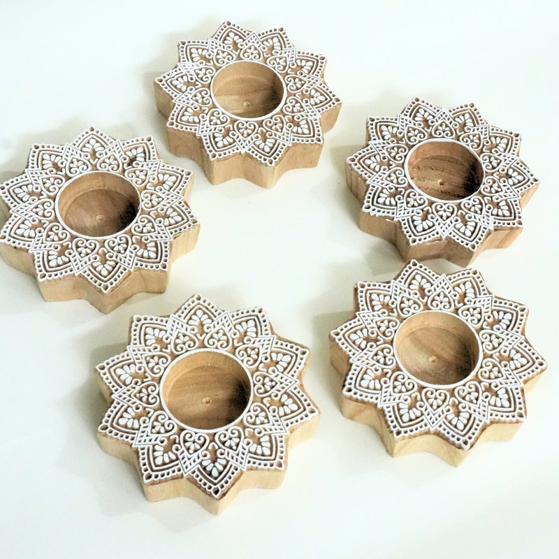  Wooden Candle Stand Handmade Rustic Block Holder with Deep Natural Stain Finish-(Pack Of 6), 6