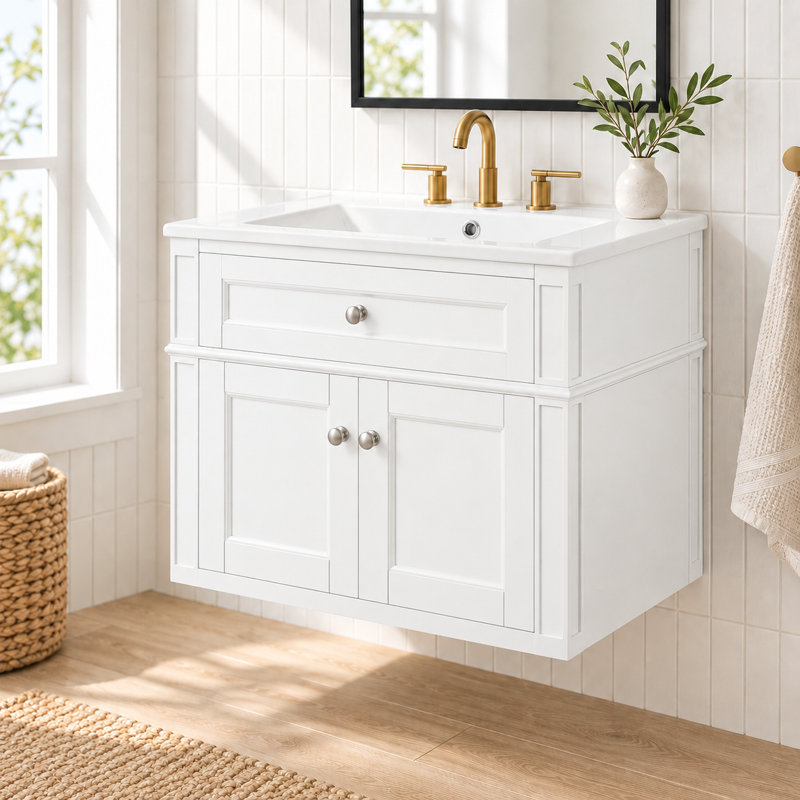 Meuble-lavabo mural de 61 cm (24 po) avec lavabo en céramique, armoire à 2 portes avec tiroir basculant, charnières à fermeture amortie et dos ouvert, noir