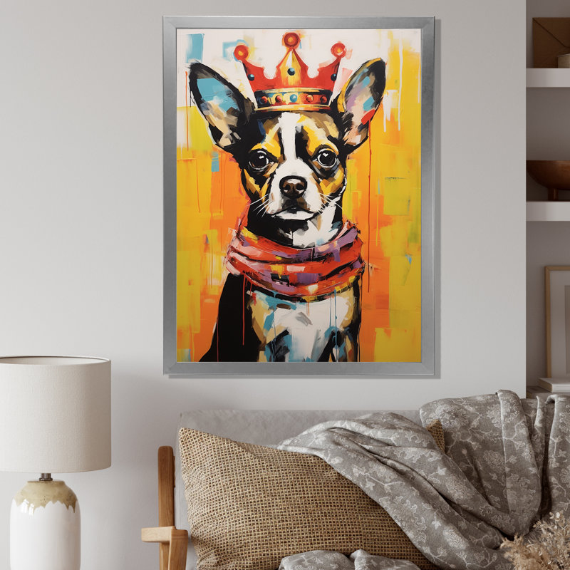 Royal Boston Terrier - art mural chien, Cadre simple argenté, H 32 po x l 16 po x P 1 po