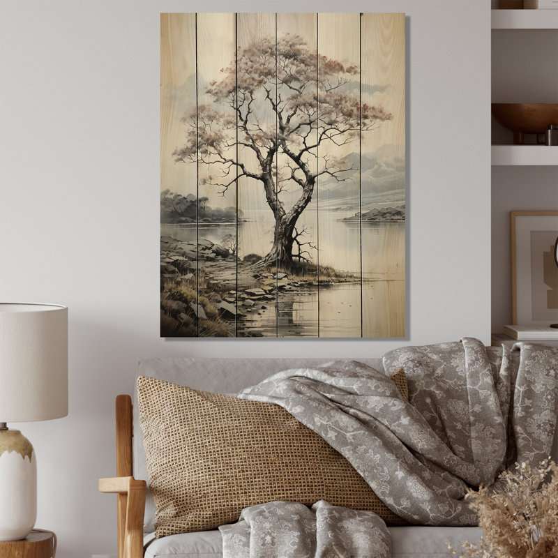 Arbre gris gris, paysage monochromes I - impression florale sur bois de pin naturel, H 32 po x l 24 po x P 0,78 po