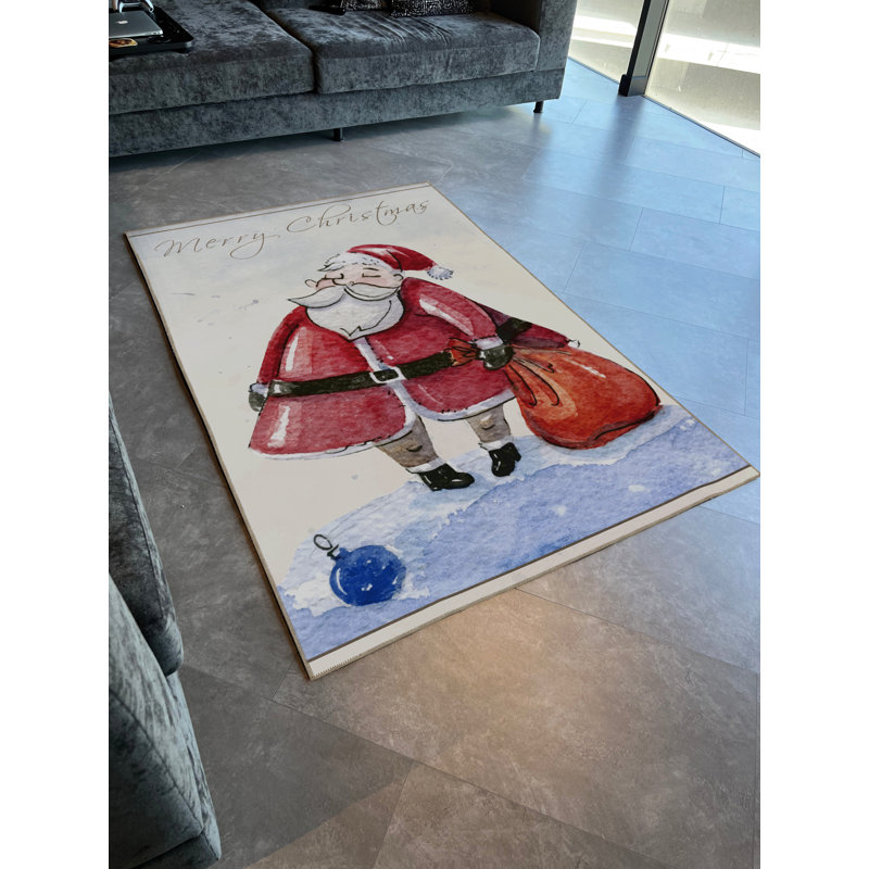 Tapis décoratif moderne à motif de père Noël bleu et beige, Rectangle 5 pi 1,02 po x 7 pi 6,55 po