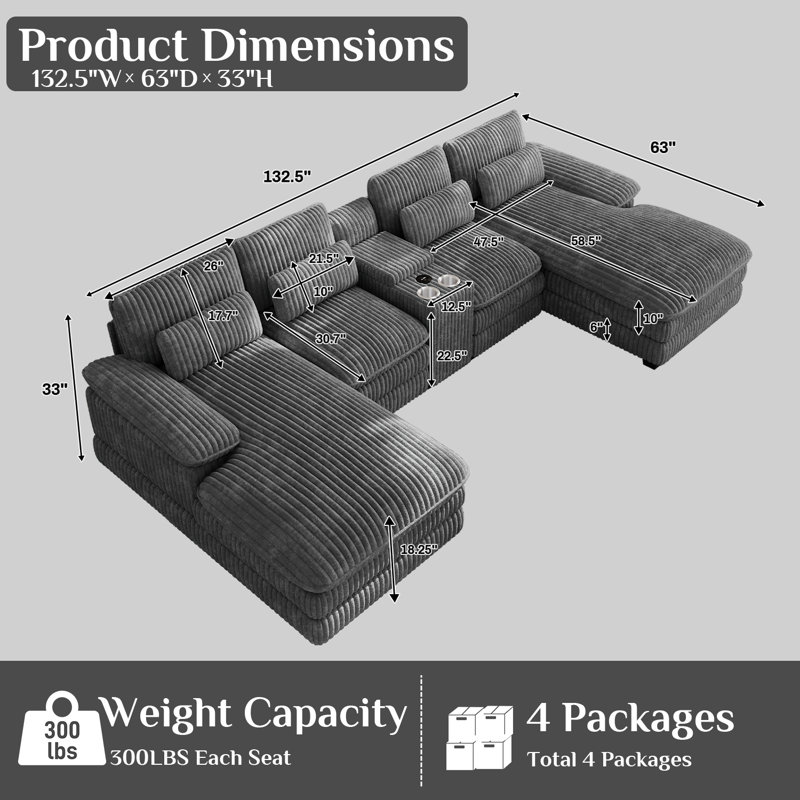 Grand canapé modulaire en U de 132,5 po en velours côtelé avec console de rangement et méridienne double, Dark Gray Corduroy
