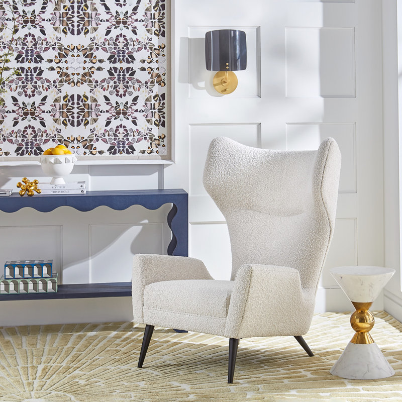 Olympus Oatmeal Bouclé and Black Metal Wingback Chair