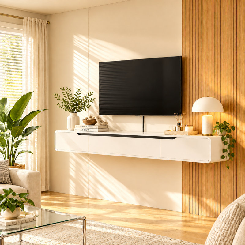 55-inch Floating TV Stand, High-gloss White, 8.8"H x 55"L x 9.4"W, White