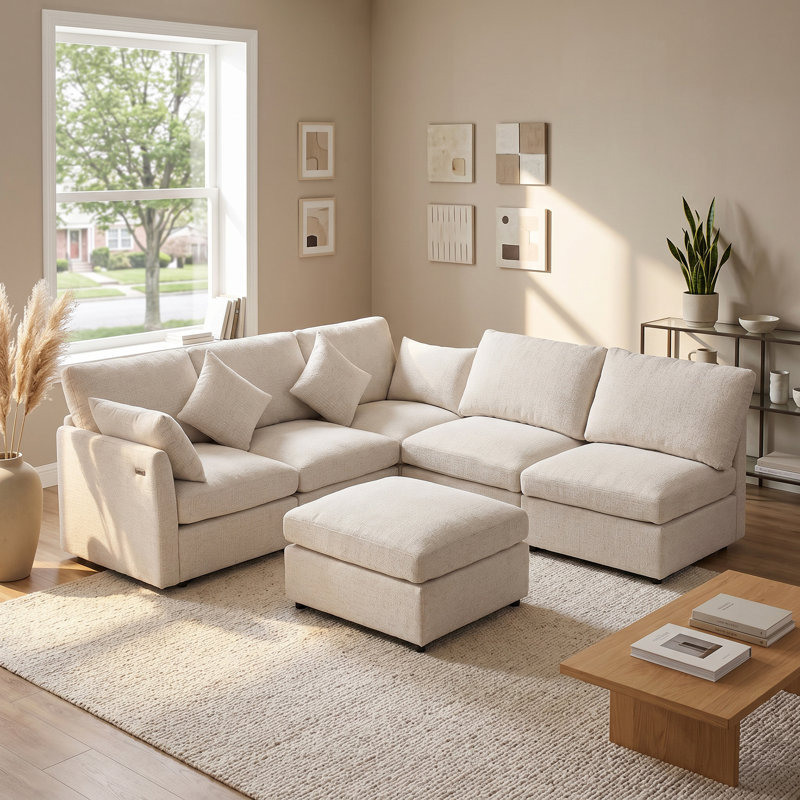 Canapé modulaire de 86,6 po à 5 places, canapé-lit convertible avec repose-pieds mobile et deux ports USB, canapé en U en chenille pour le salon