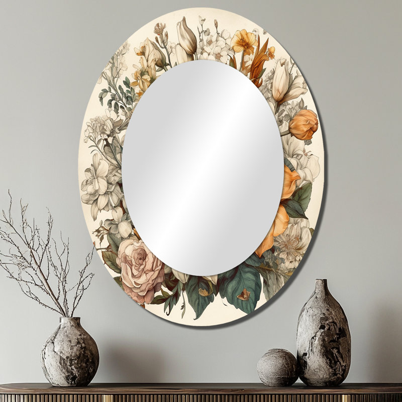 Cream And Orange Flowers Bouquet Interpretation I - Garden Oval Wall Mirror, 40" x 30"