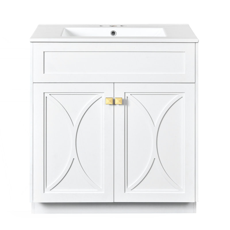 Ensemble de meuble-lavabo autoportant moderne avec lavabo en céramique, Blanc