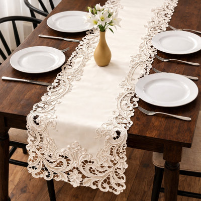 Light Beige Lace Table Runner with Elegant Cutwork Embroidery for Dining Table and Christmas Decor