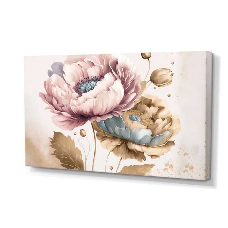 «Pink and Gold Poppy Flowers II», art mural sur toile floral et botanique