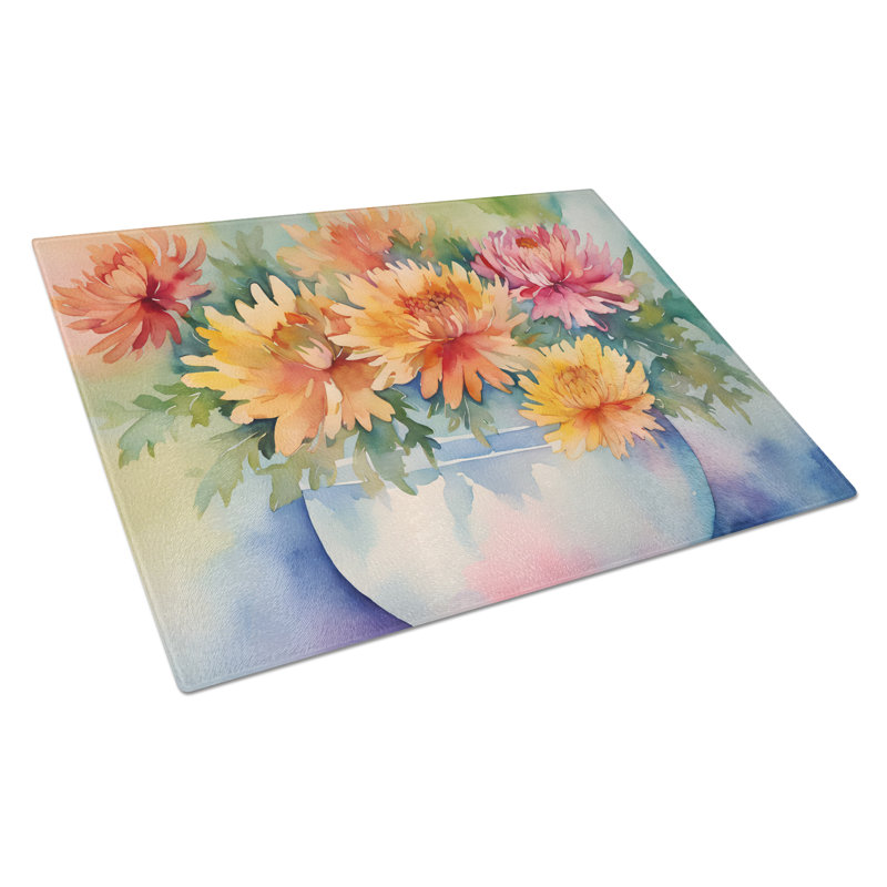 Grande planche à découper en verre à motif de chrysanthèmes à l'aquarelle