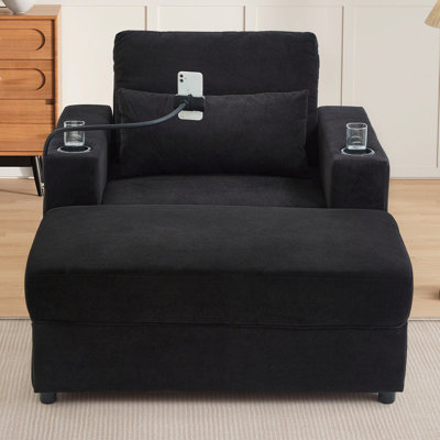 Canapé avec repose-pieds, deux ports USB, deux porte-gobelets, un support pour téléphone et des poches latérales