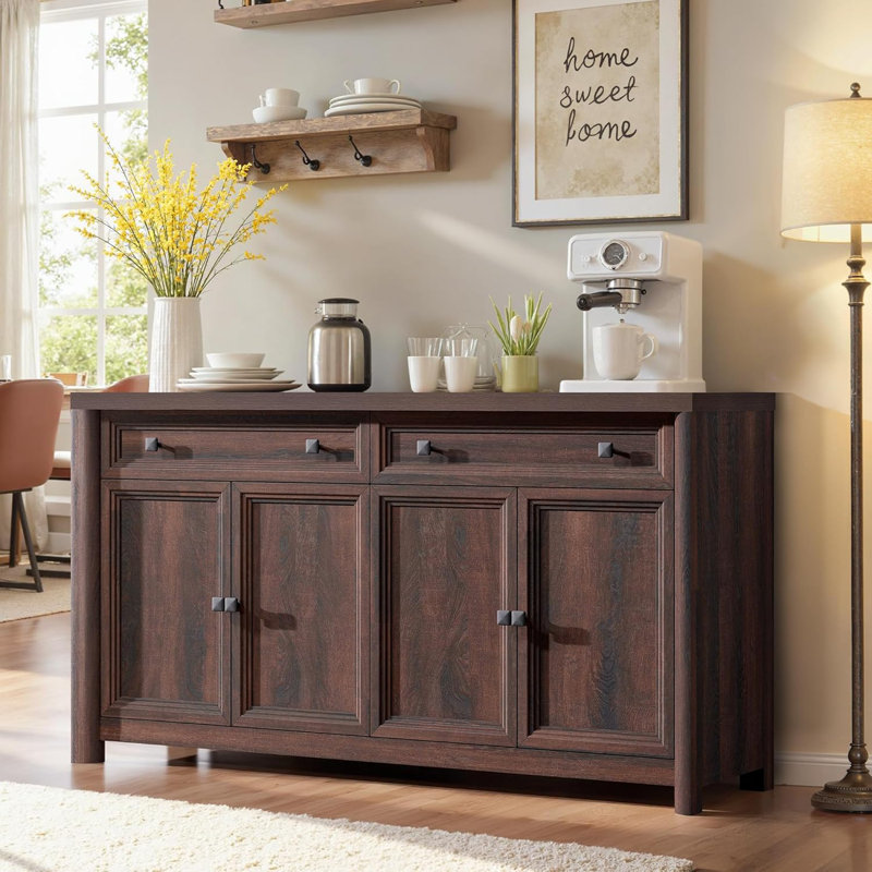 59" Walnut Farmhouse Buffet Cabinet, Storage Sideboard with 4 Doors & 2 Drawers, Coffee Bar for Kicten & Living Room , Brown