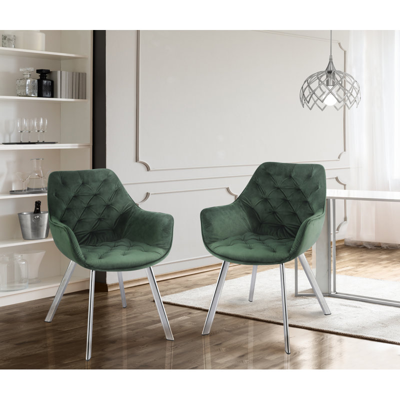 Chaise de salle à manger avec accoudoirs en velours capitonné Chimeng, Vert, Chrome
