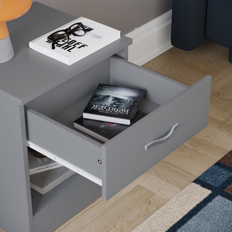 Maybery 1 Drawer Bedside Table With Open Shelf, Bedroom Storage Cabinet, Grey