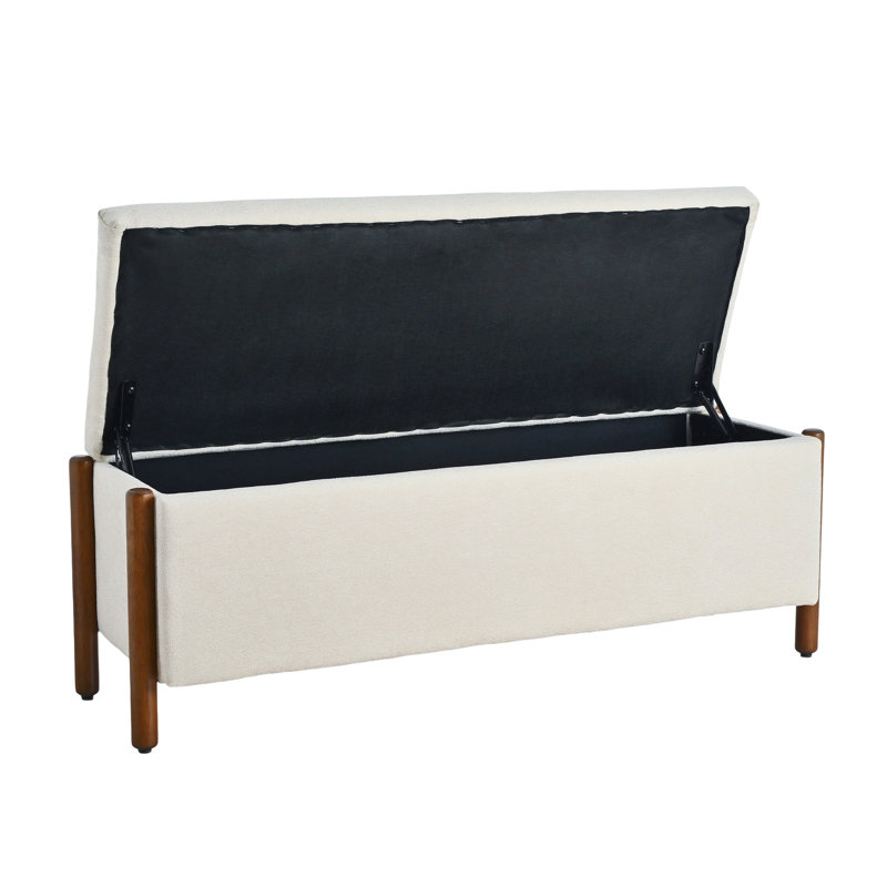 Multifunctional Chenille Storage Bench with Cylindrical Solid Wood Legs, Beige