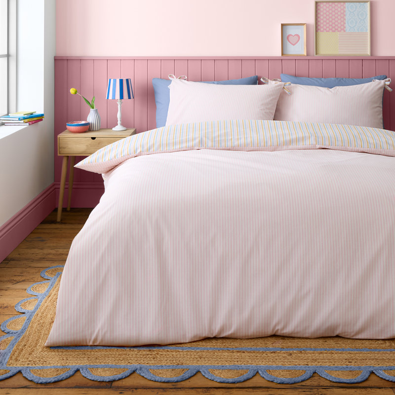 Brighton Stripe Bow Trim Duvet Cover Set, Single Duvet Cover + 1 Standard Pillowcase