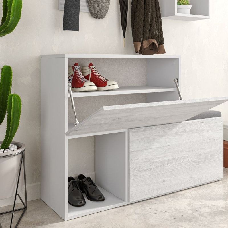 Hall Tree Bench with Shoe Storage and Coat Hooks, Antique White