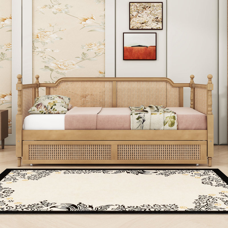 2 Drawers Rattan Wooden Daybed, Twin, Antique Walnut