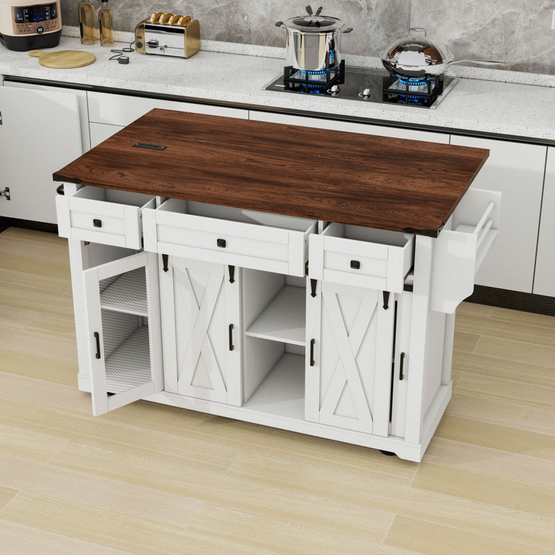 Îlot de cuisine roulant avec abattant, support, tiroirs et station de charge, White
