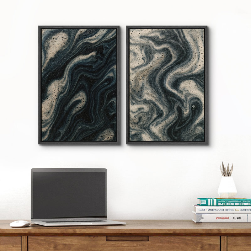 Art mural abstrait, ensemble de 2 reproductions d'art encadrées sur toile, H 36 po x l 48 po, Noir