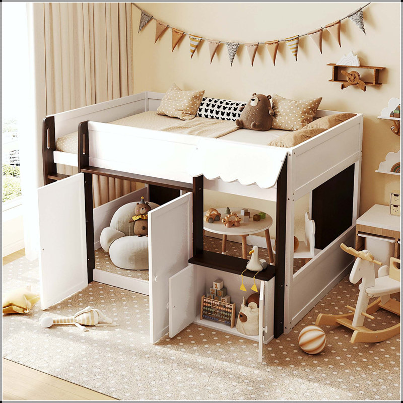 Lit mezzanine double avec maisonnette et rangement, Blanc et espresso