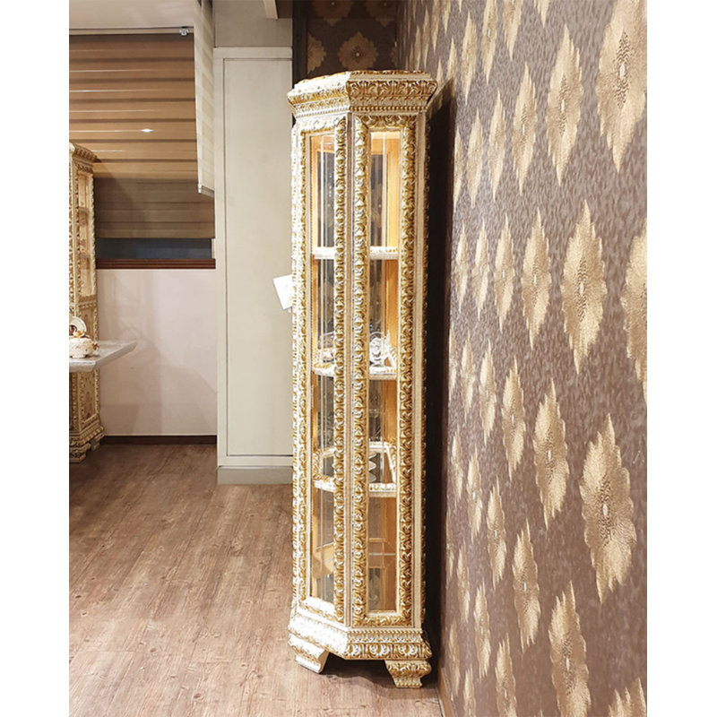 Solid Wood Lighted Curio Cabinet, Ivory/Gold