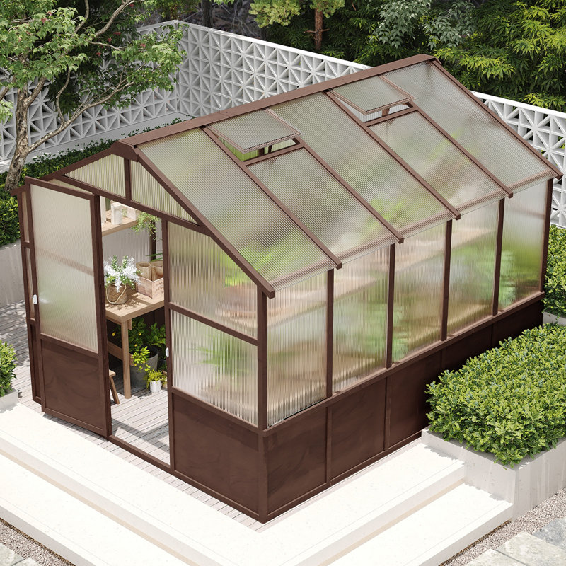 Ensemble de serre de 8 x 10 pi, serres en bois avec panneau en polycarbonate de 6 mm, serre avec évent réglable et porte verrouillable, serre pour l'extérieur, jardin, cour