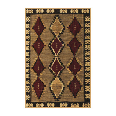 Tapis en laine / polyester tissé à la machine Bennye en rouge / noir / beige