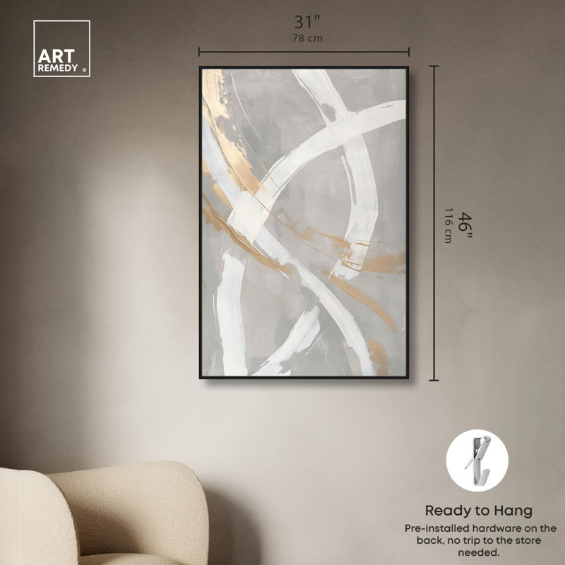 «Silvered Spirals Canvas Elegant Gold Abstract» par Art Remedy, H 46 po x l 31 po, Cadre noir