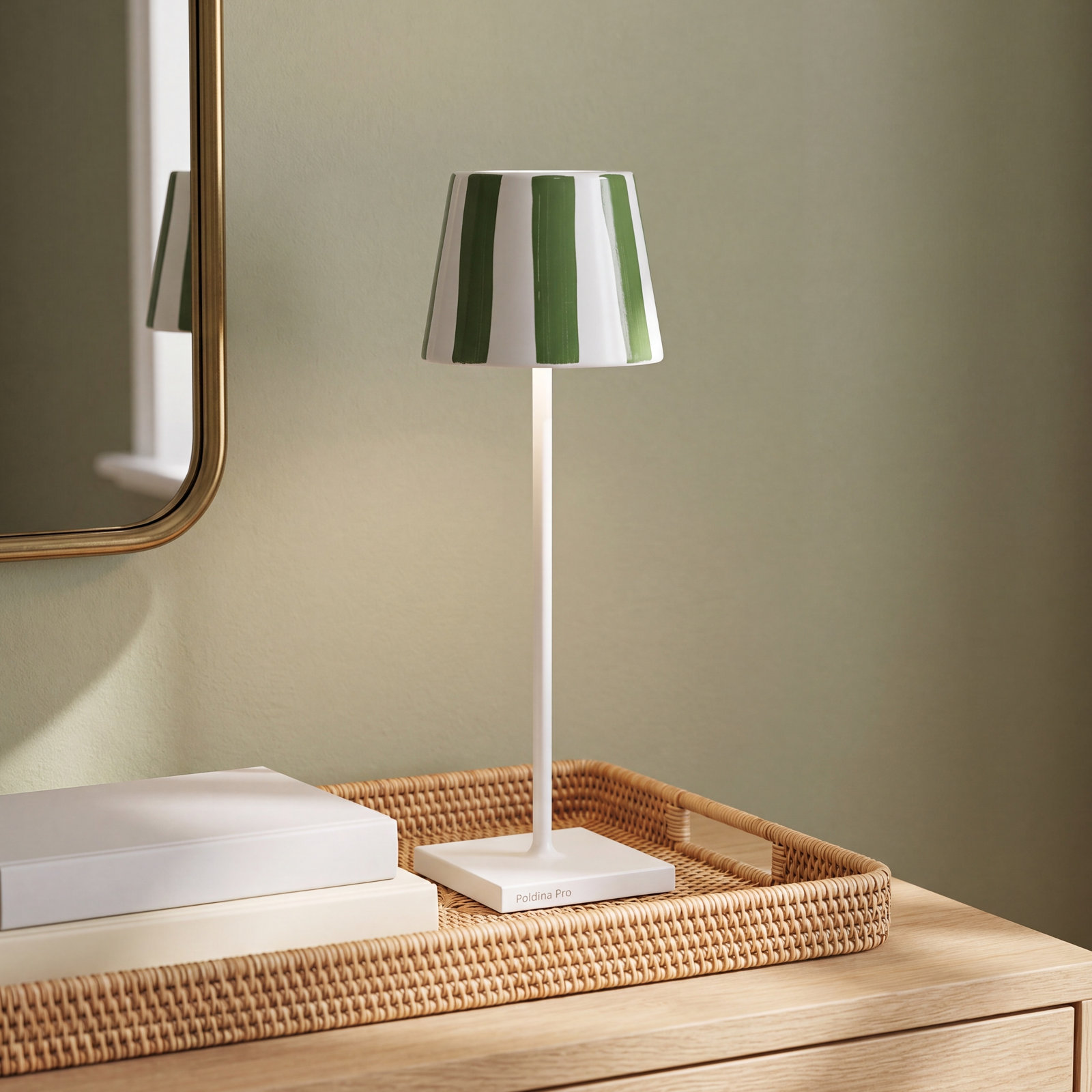 Poldina Ceramic Table Lamp, White Lamp/Green Stripes